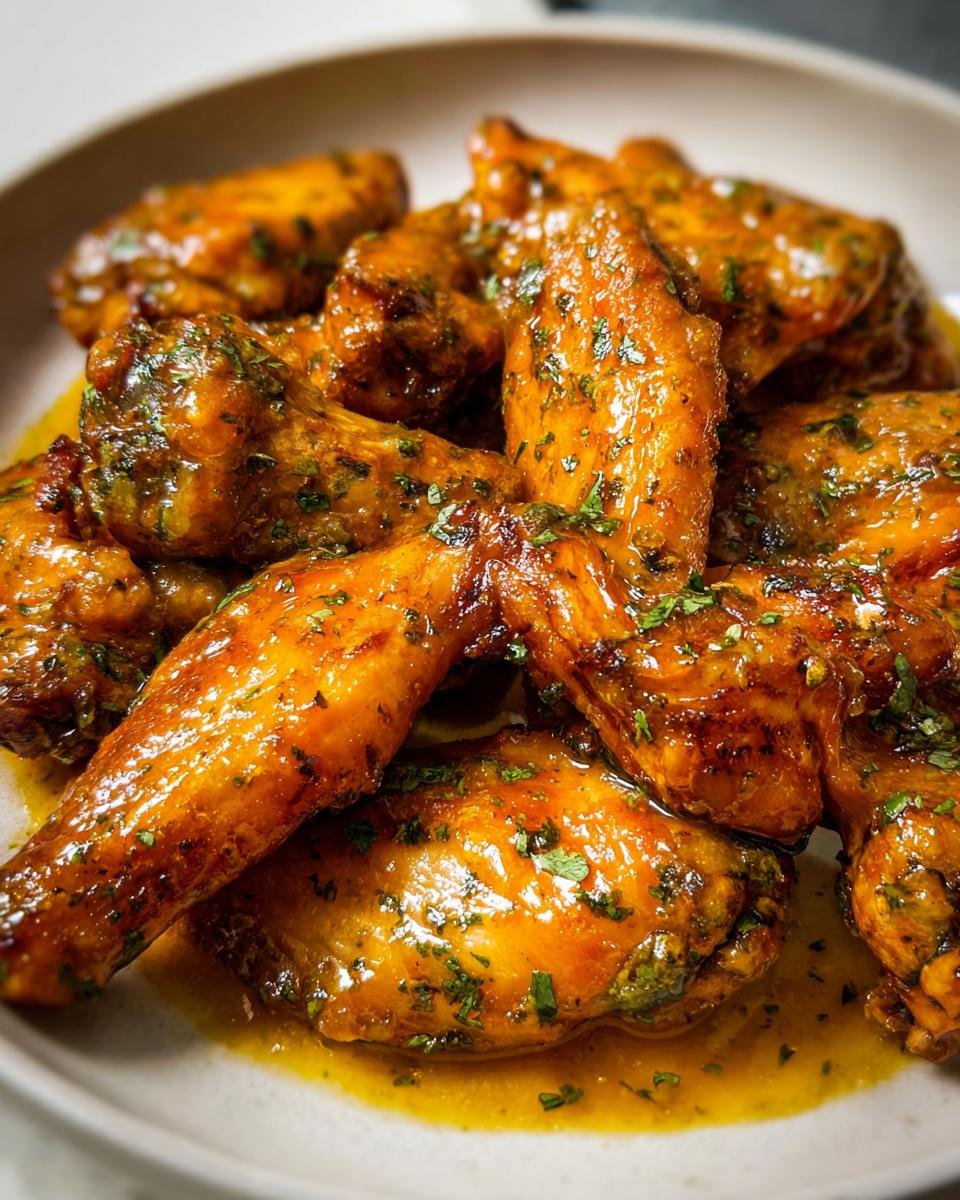 Close-up of glossy, saucy Easy Cowboy Butter Chicken Wings garnished with fresh parsley.