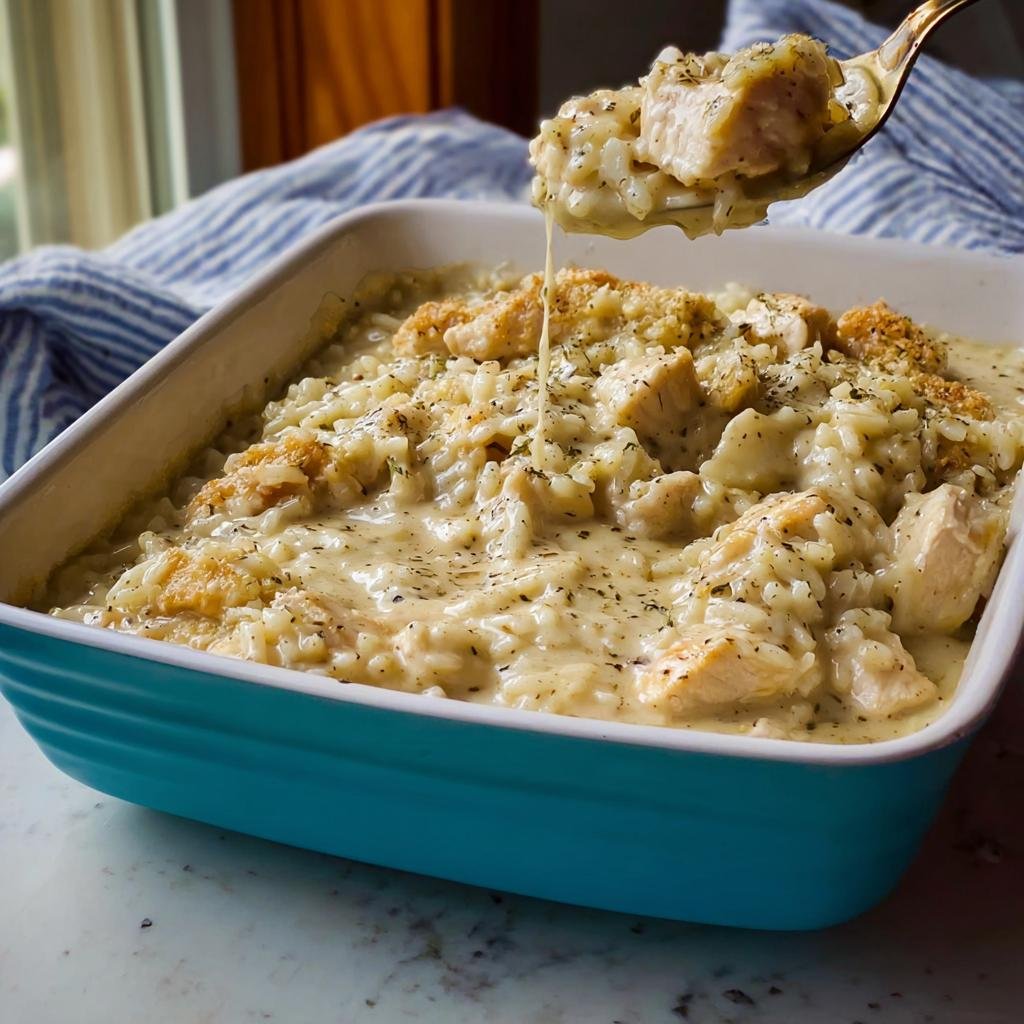 A spoonful of Crave-Worthy chicken and rice casserole being lifted from a blue baking dish, showing creamy sauce.