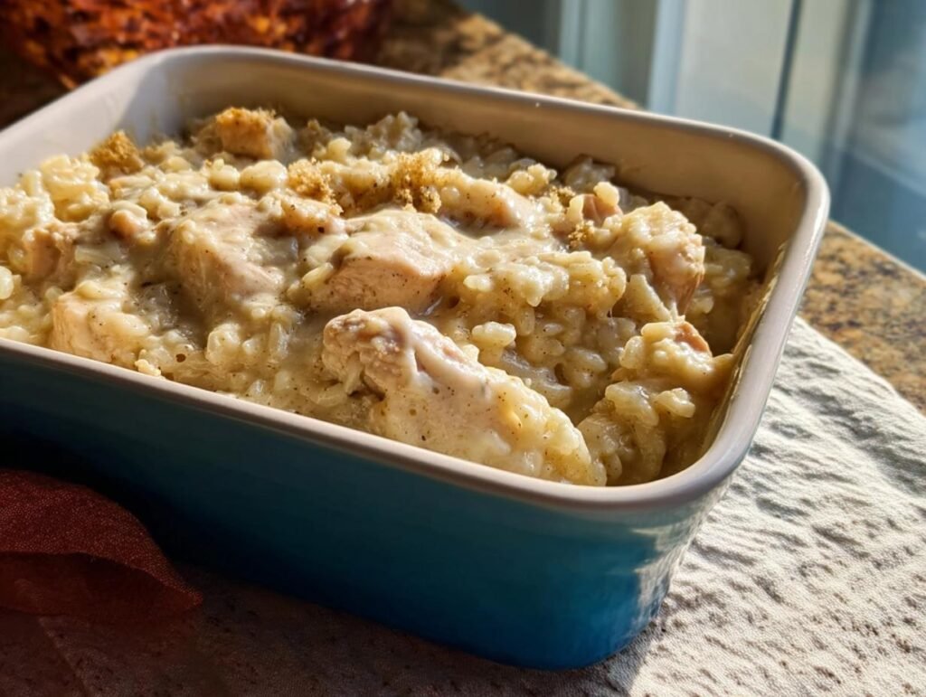 Close-up of Easy Creamy Ranch Chicken mixed with rice in a bright blue baking dish.