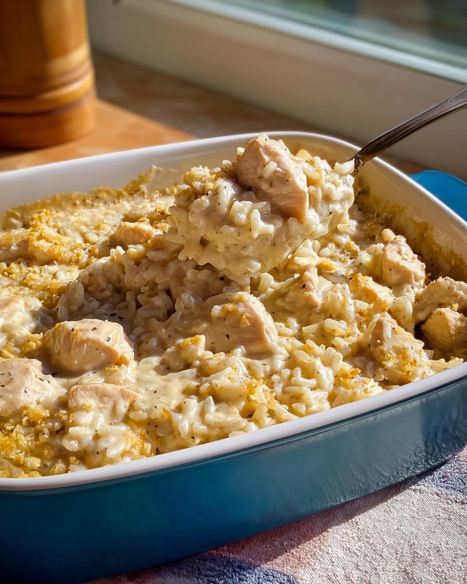 A spoonful of creamy ranch chicken and rice casserole being lifted from a blue baking dish.