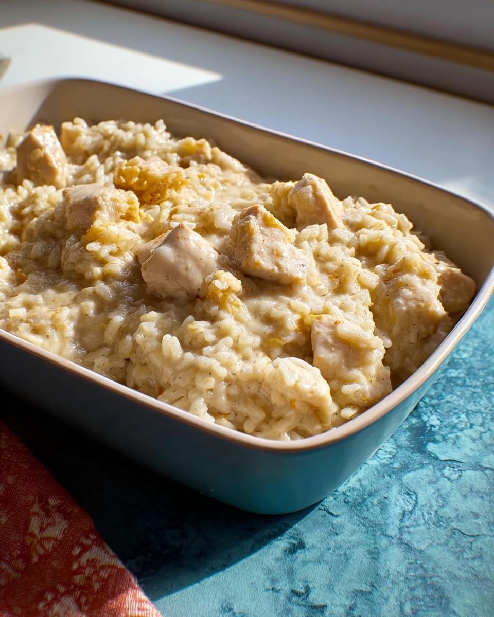 Close-up of creamy rice mixed with chunks of chicken in a blue baking dish for the Easy Creamy Ranch Chicken Recipe.