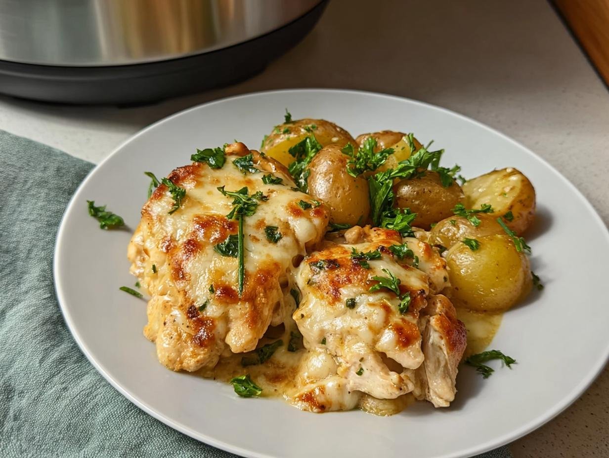 Two pieces of Easy Garlic Parmesan Chicken and Potatoes topped with melted cheese and fresh parsley.