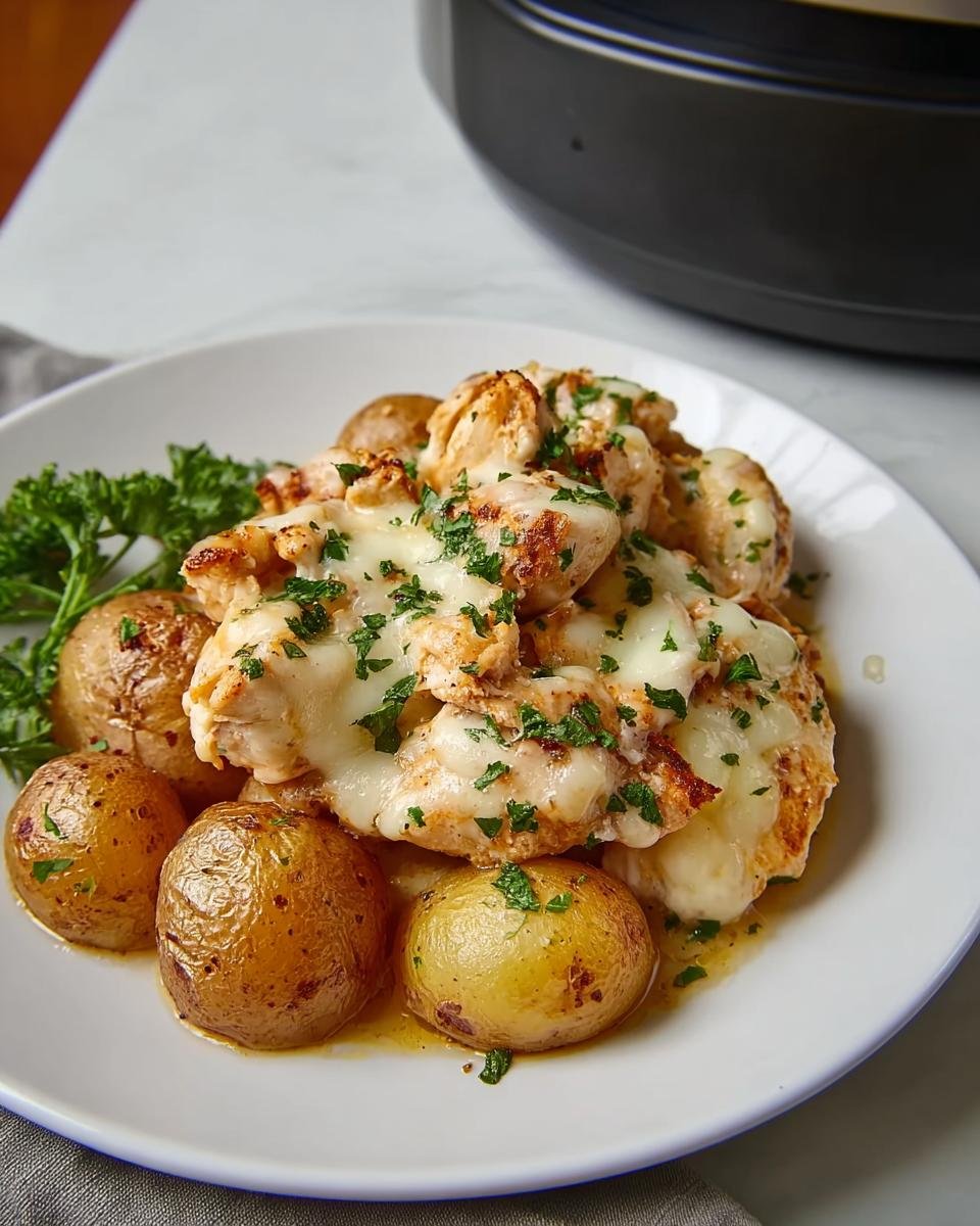 Close-up of Easy Garlic Parmesan Chicken and Potatoes topped with melted mozzarella and fresh parsley.