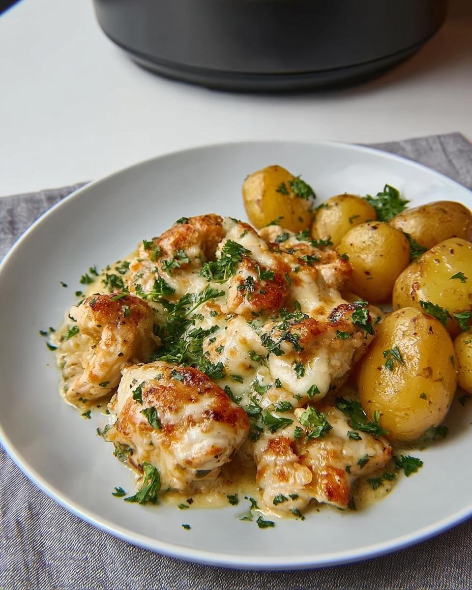 Plate of Easy Garlic Parmesan Chicken and Potatoes topped with melted cheese and fresh parsley.