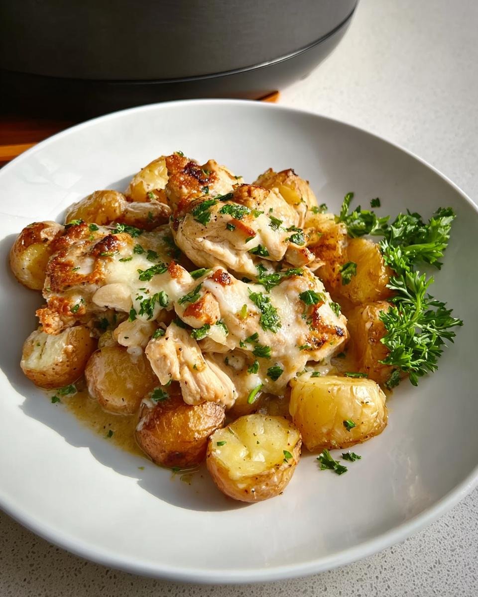 A white bowl filled with Easy Garlic Parmesan Chicken and Potatoes, topped with melted cheese and fresh parsley.