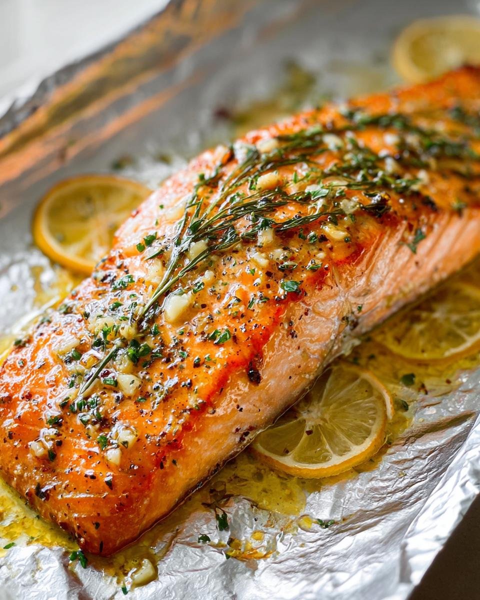 Close-up of an easy healthy baked salmon recipe fillet topped with garlic, herbs, and lemon slices on foil.