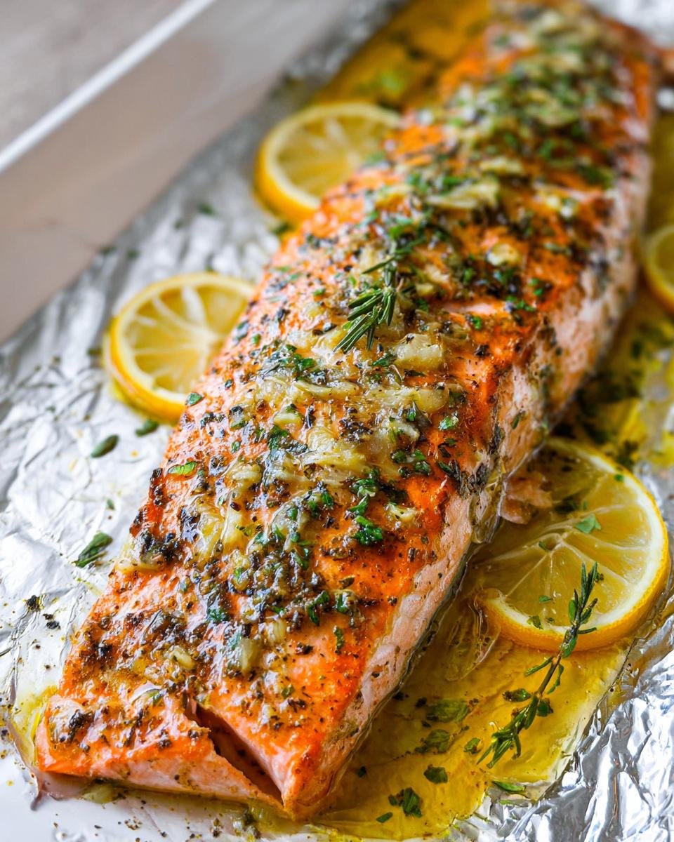 Close-up of a perfectly cooked, easy healthy baked salmon recipe fillet topped with garlic, herbs, and lemon slices.