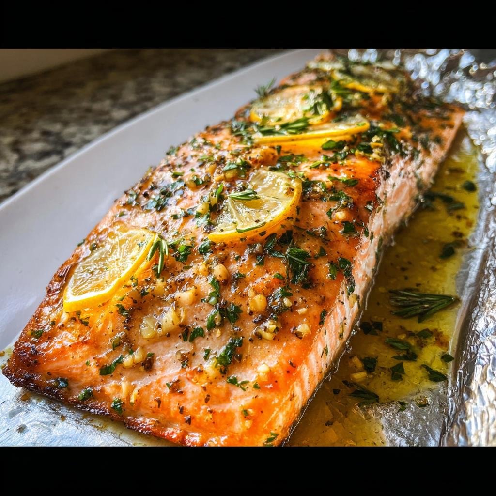 A perfectly baked fillet of salmon topped with lemon slices, garlic, and fresh parsley, resting in its juices.