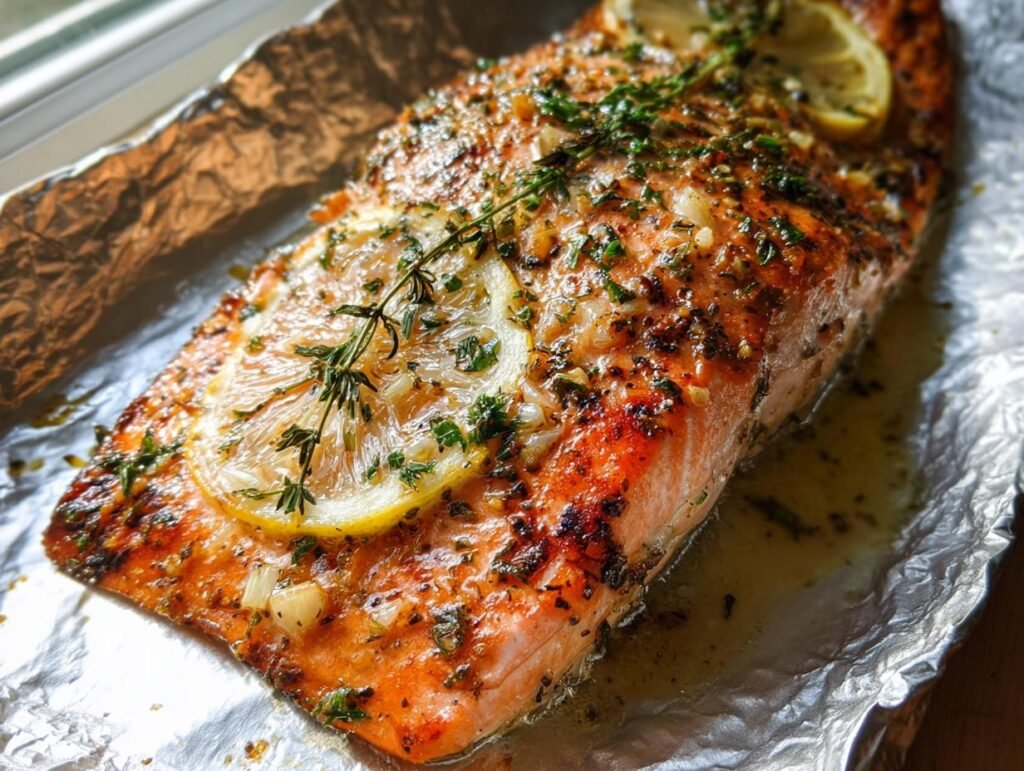 Close-up of an Easy Healthy Baked Salmon Recipe fillet seasoned with herbs, garlic, and lemon slices on foil.
