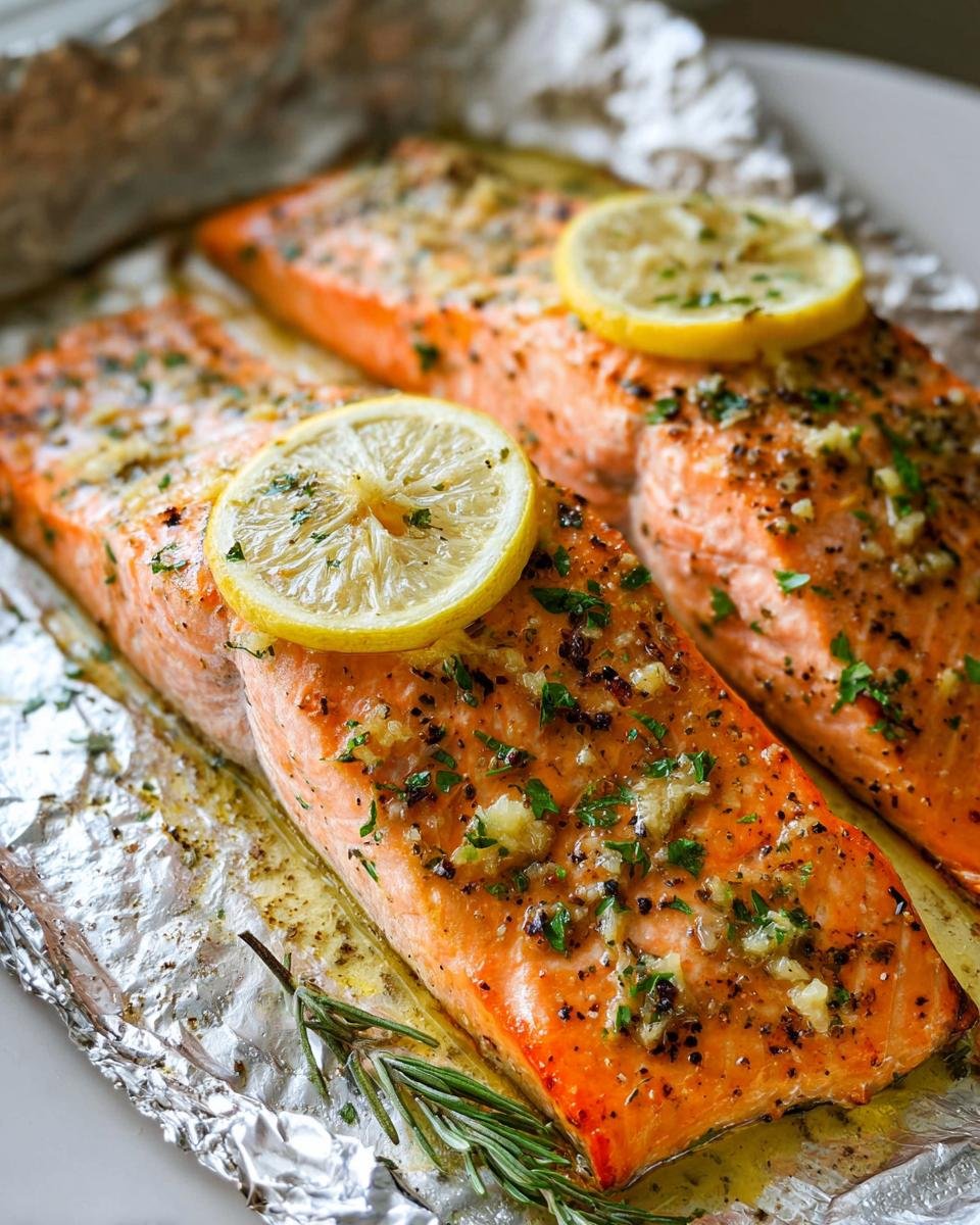 Two fillets of easy healthy baked salmon recipe seasoned with garlic, herbs, and topped with lemon slices, resting on foil.