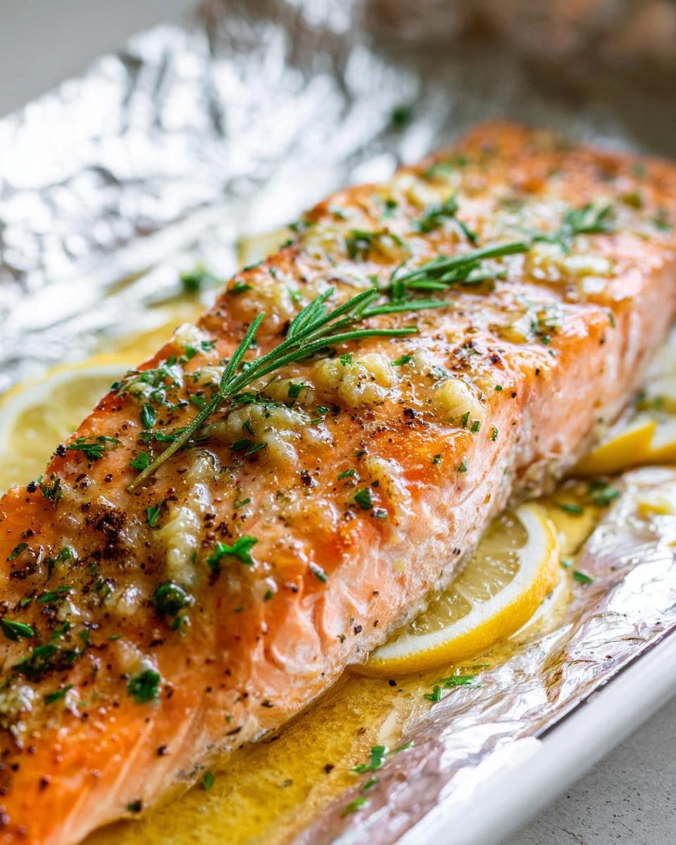 Close-up of an Easy Healthy Baked Salmon Recipe fillet topped with garlic butter, herbs, and rosemary, resting on lemon slices.