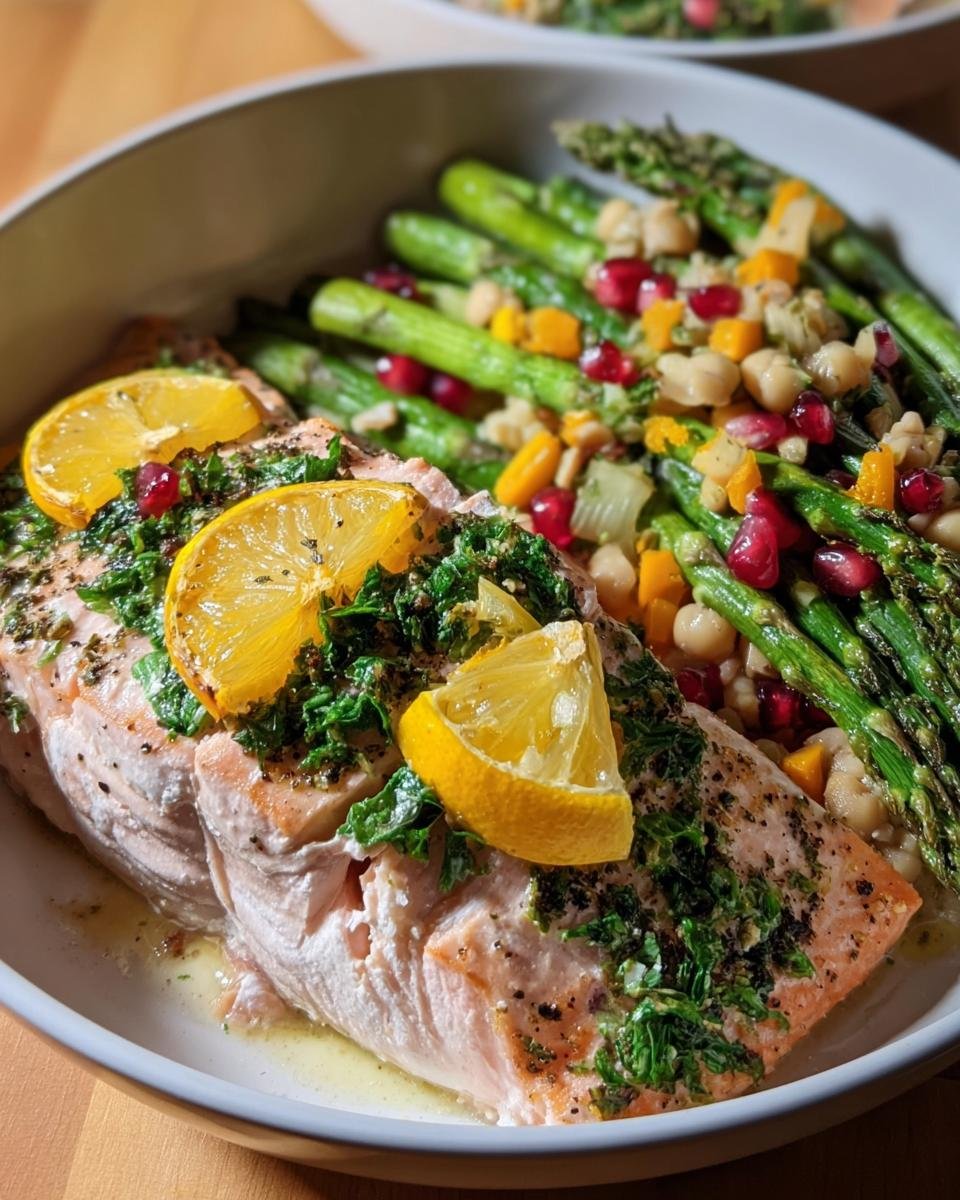 A serving of salmon topped with lemon and herbs, next to asparagus and a chickpea salad, illustrating Easy High-Protein Meals.