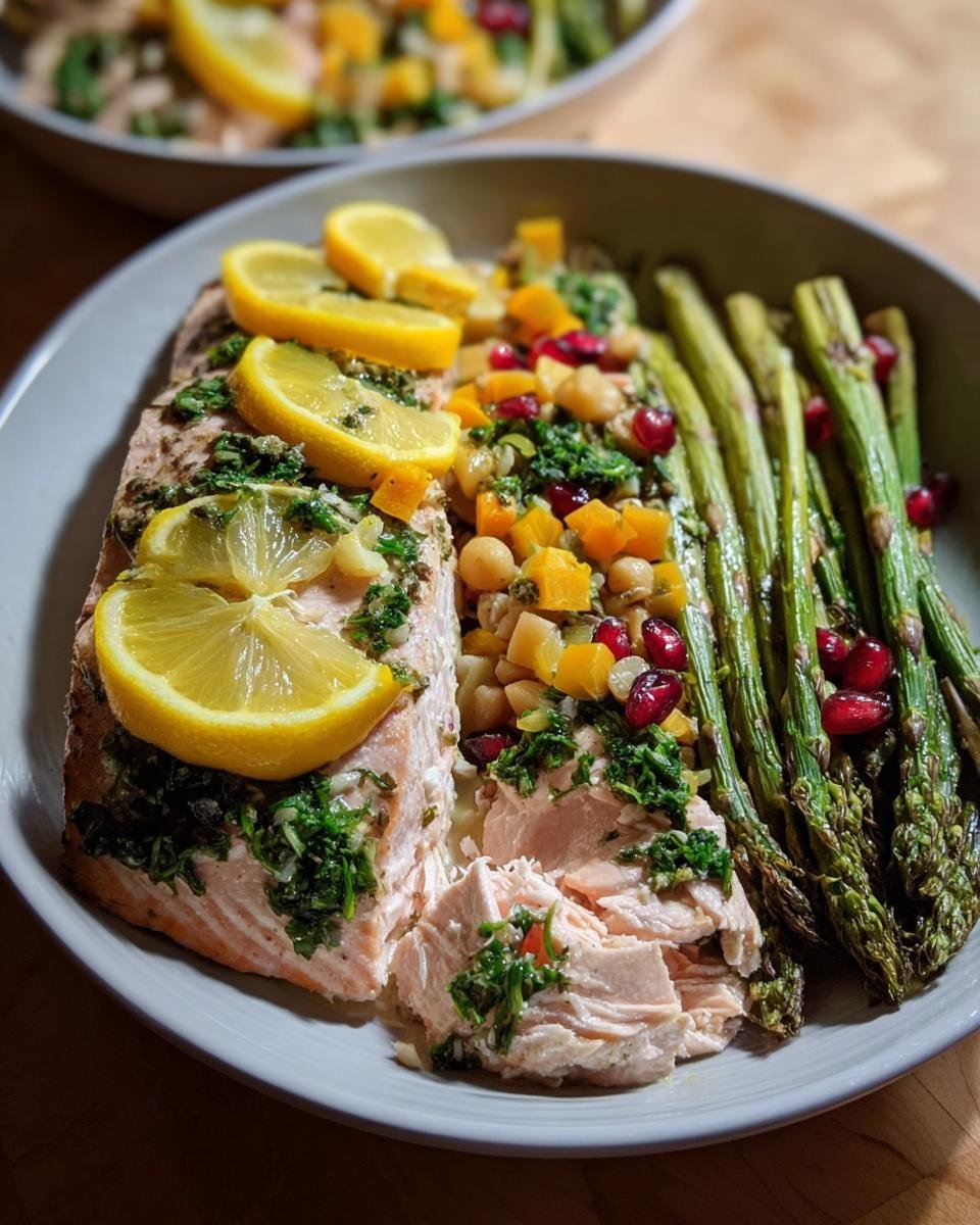 Flaky baked salmon topped with lemon slices and herbs, served with roasted asparagus and a chickpea/squash salad, an example of Easy High-Protein Meals.