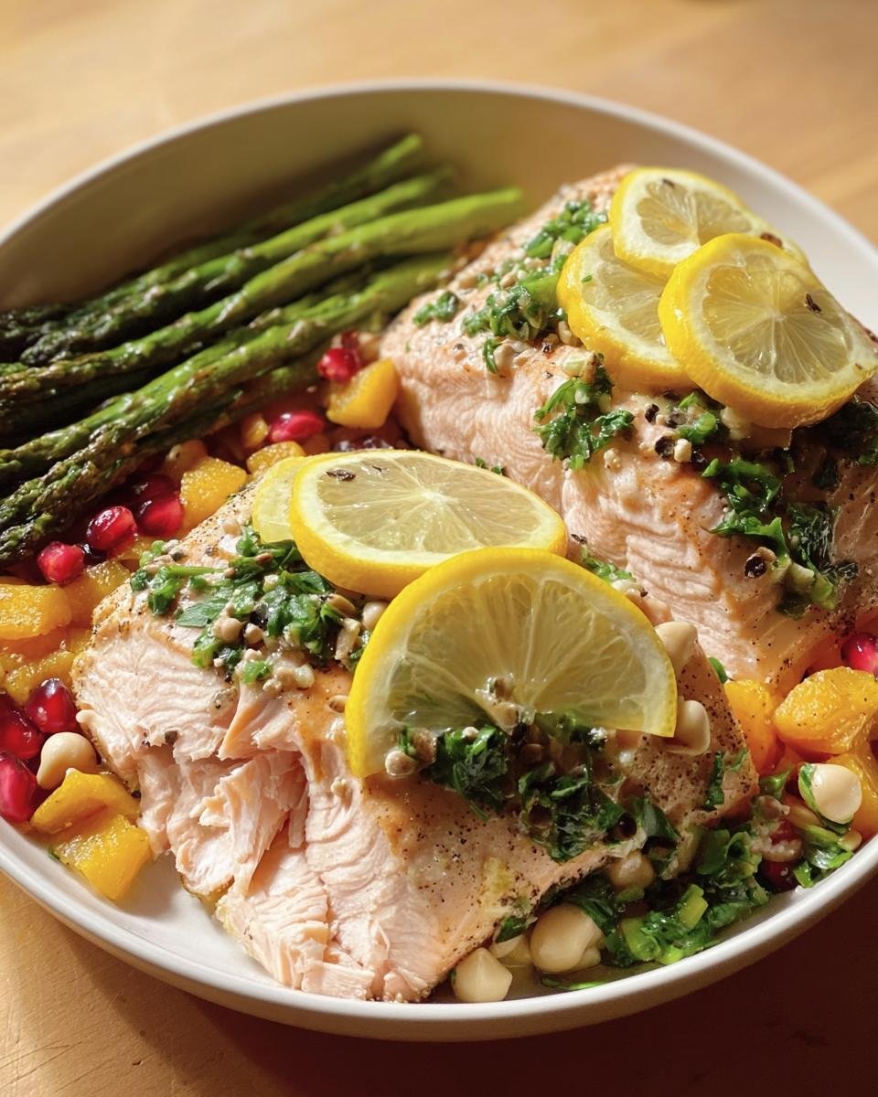 Flaky baked salmon topped with lemon slices and herbs, served with asparagus and fruit salsa, an Easy High-Protein Meal.