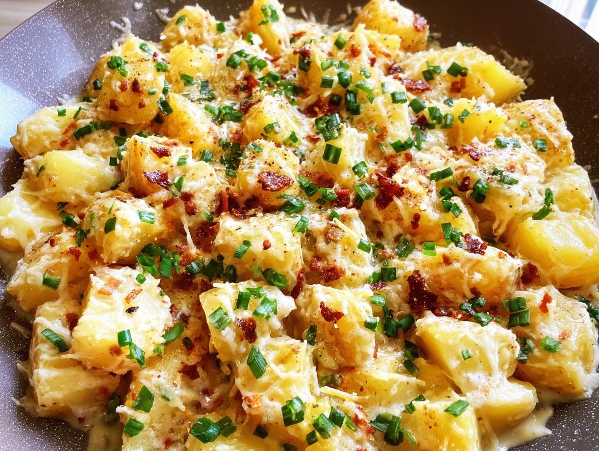 A close-up, overhead view of Easy Mississippi Mud Potatoes covered in creamy sauce, melted cheese, bacon bits, and fresh chives.