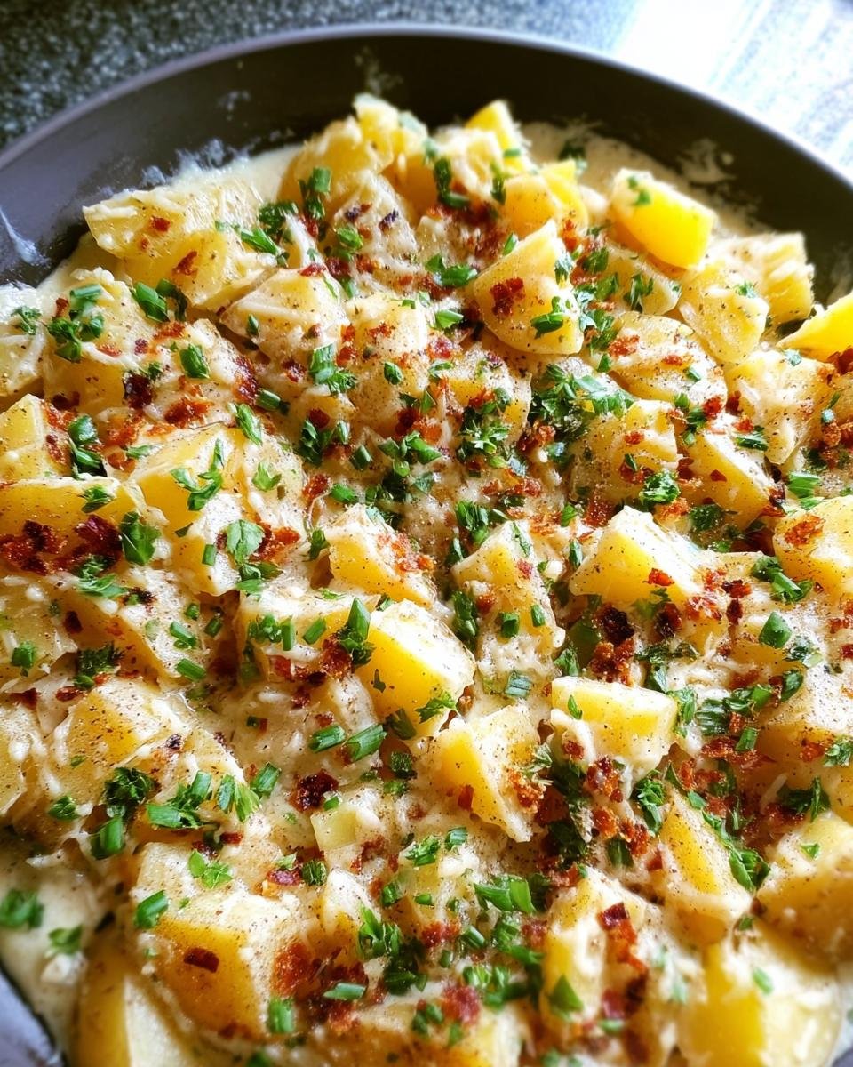 Close-up of Easy Mississippi Mud Potatoes chunks covered in a creamy sauce, topped with bacon bits and fresh chives.