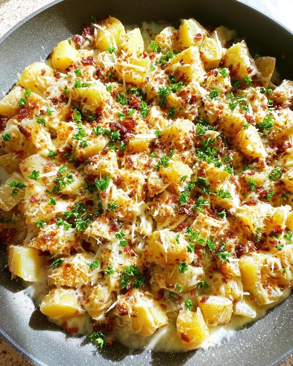 A close-up view of Easy Mississippi Mud Potatoes baked in a skillet, topped with melted cheese, bacon bits, and fresh parsley.