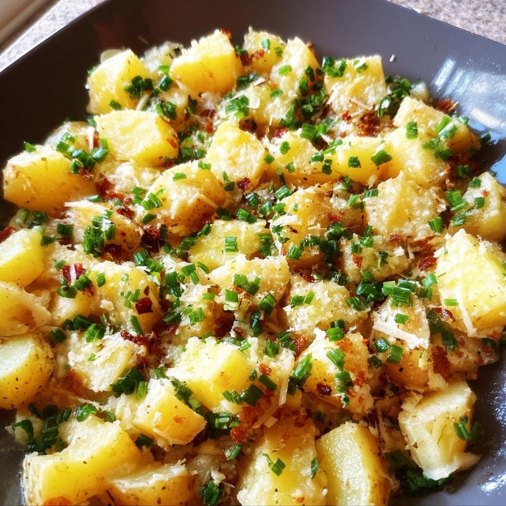 A close-up of Easy Mississippi Mud Potatoes, featuring cubed yellow potatoes topped with melted cheese, bacon bits, and fresh chopped chives.