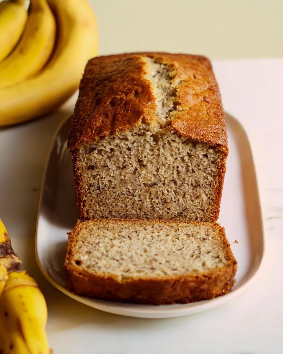 A freshly baked, moist banana bread loaf, partially sliced, sitting on a white plate next to whole bananas.