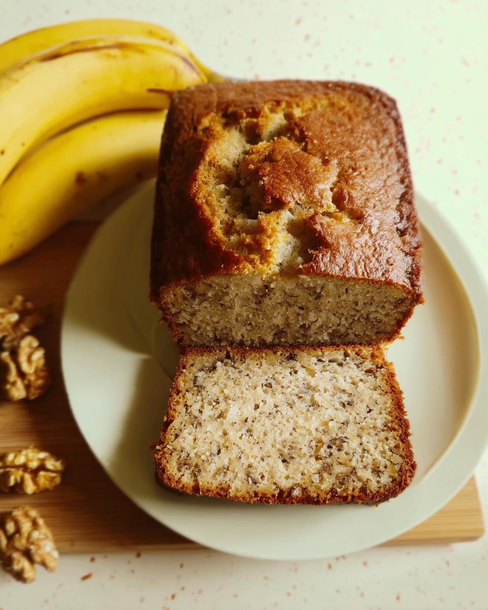A loaf of easy moist banana bread, partially sliced, served on a plate with fresh bananas and walnuts nearby.