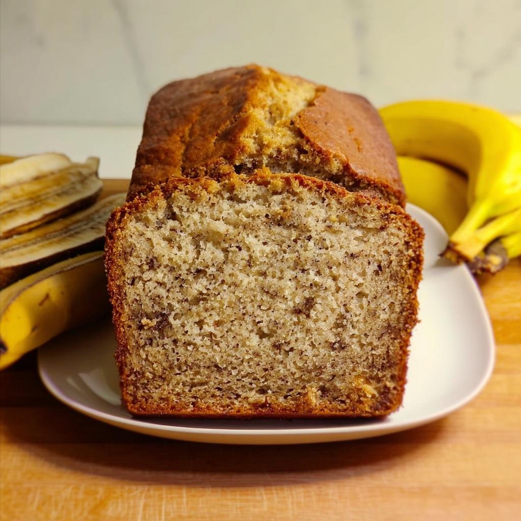 Close-up of a slice showing the moist crumb texture of the easy banana bread recipe.