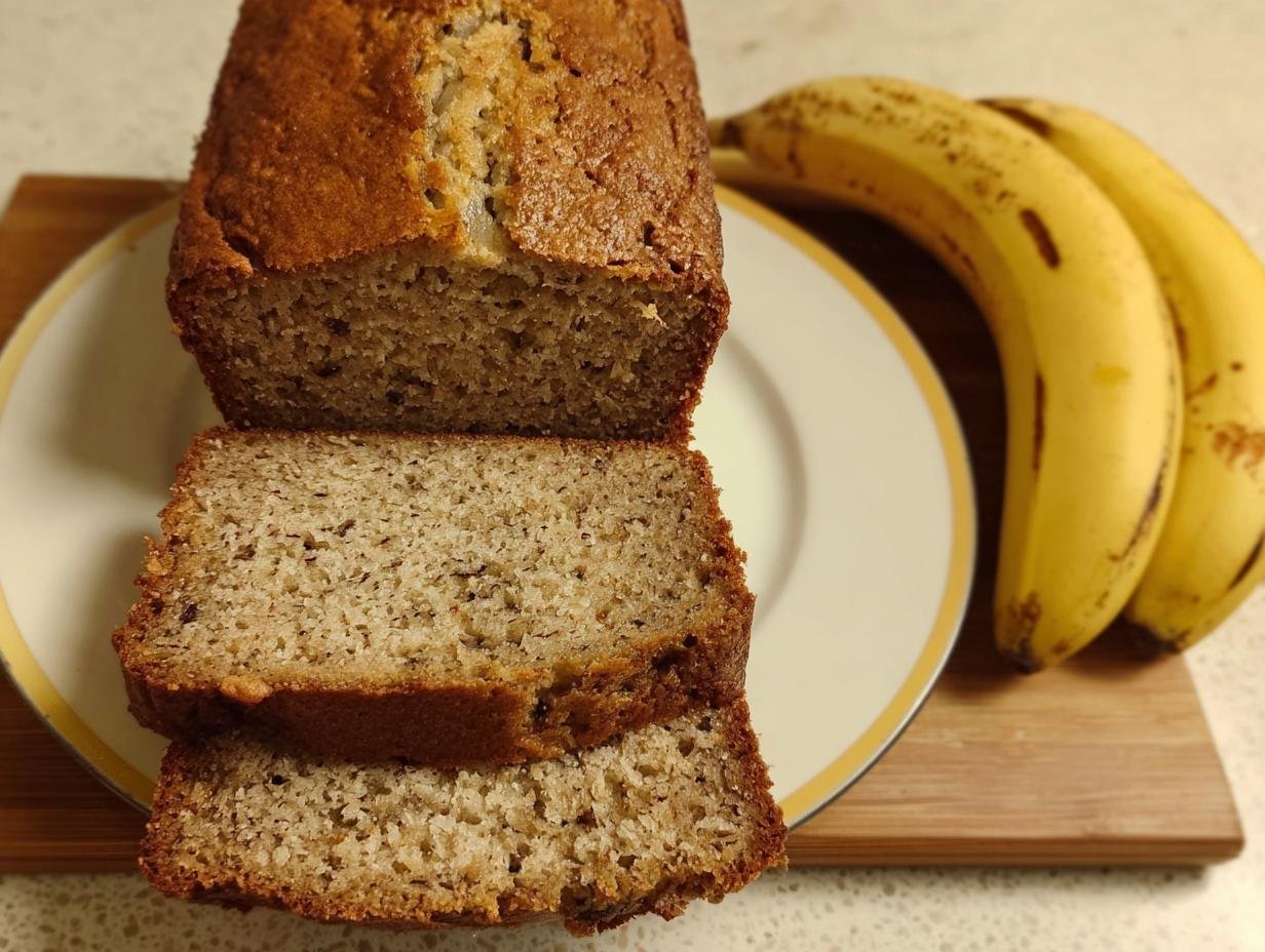 A loaf of easy moist banana bread, partially sliced, next to whole ripe bananas.