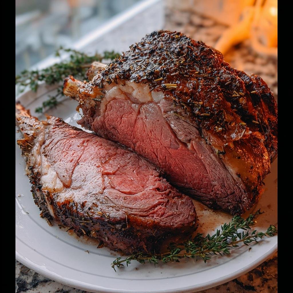 Close-up of a perfectly cooked Easy Prime Rib for Busy Nights, sliced to show the medium-rare interior and herb crust.