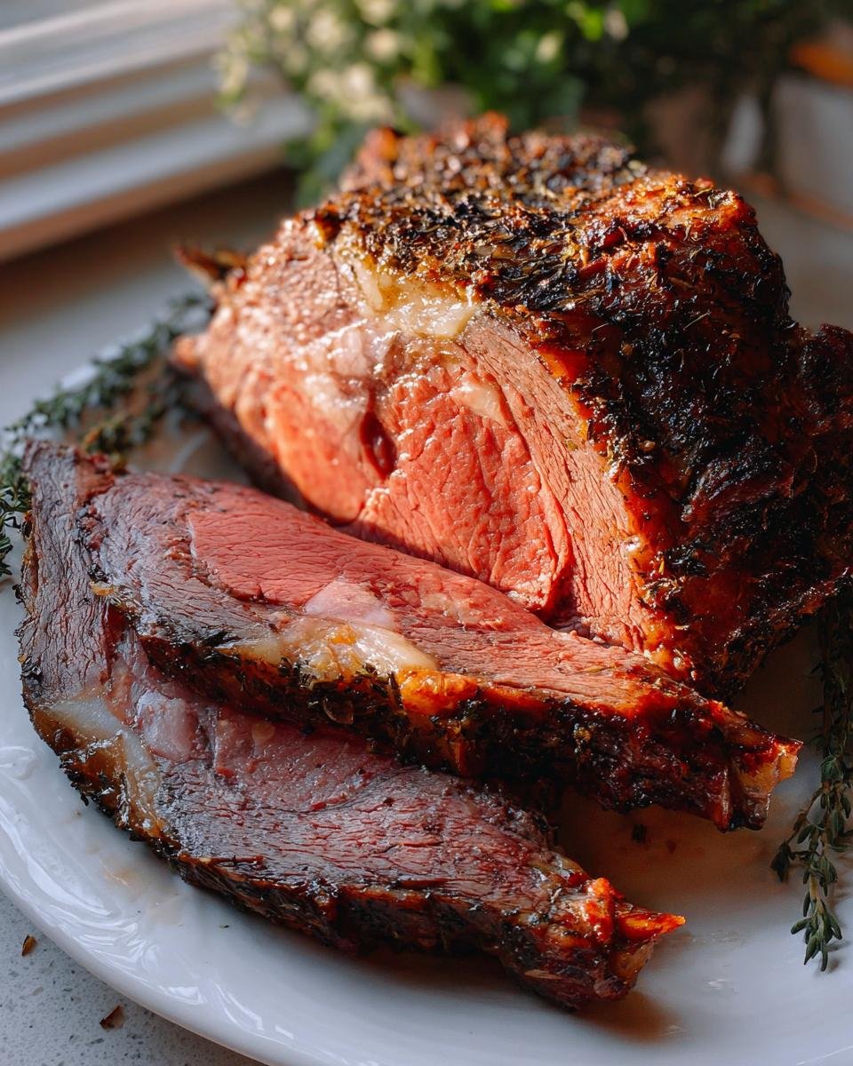 A beautifully roasted prime rib, sliced to show a medium-rare center, perfect for an Easy Prime Rib for Busy Nights.