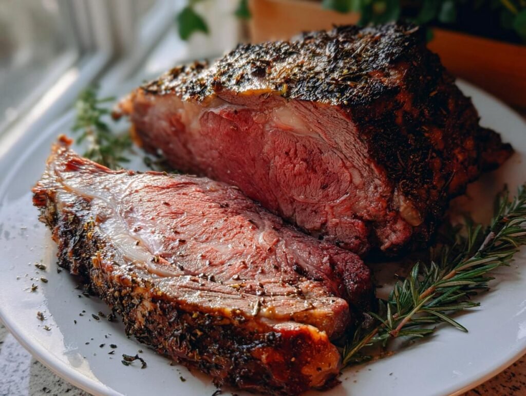 A thick slice of perfectly roasted Easy Prime Rib for Busy Nights resting next to the main roast, garnished with fresh rosemary.