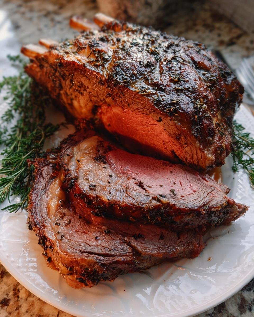A beautifully roasted and sliced Easy Prime Rib for Busy Nights, showing a perfect medium-rare center and herb crust.