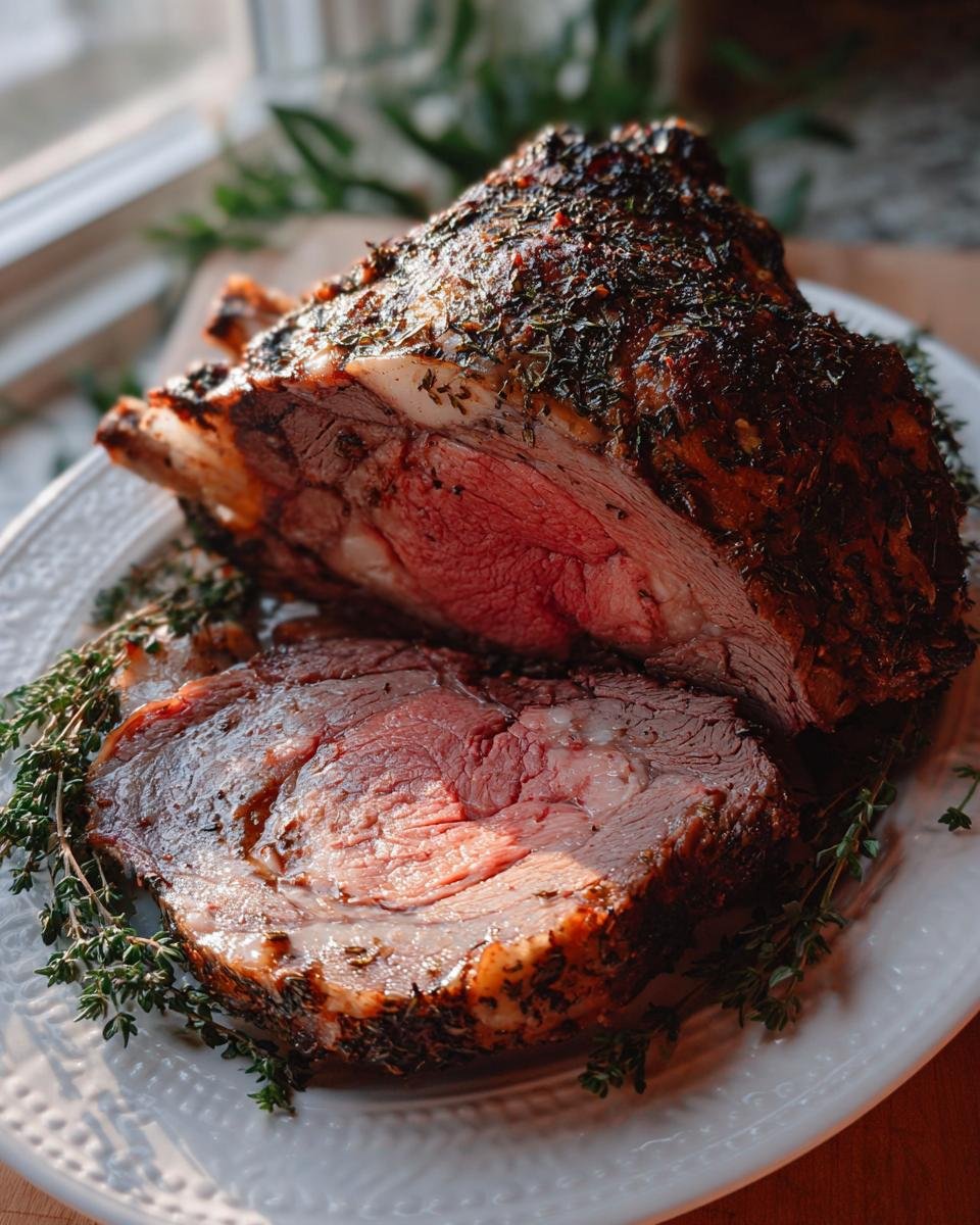 A beautifully roasted prime rib, sliced to show a medium-rare center, seasoned with herbs for Easy Prime Rib for Busy Nights.