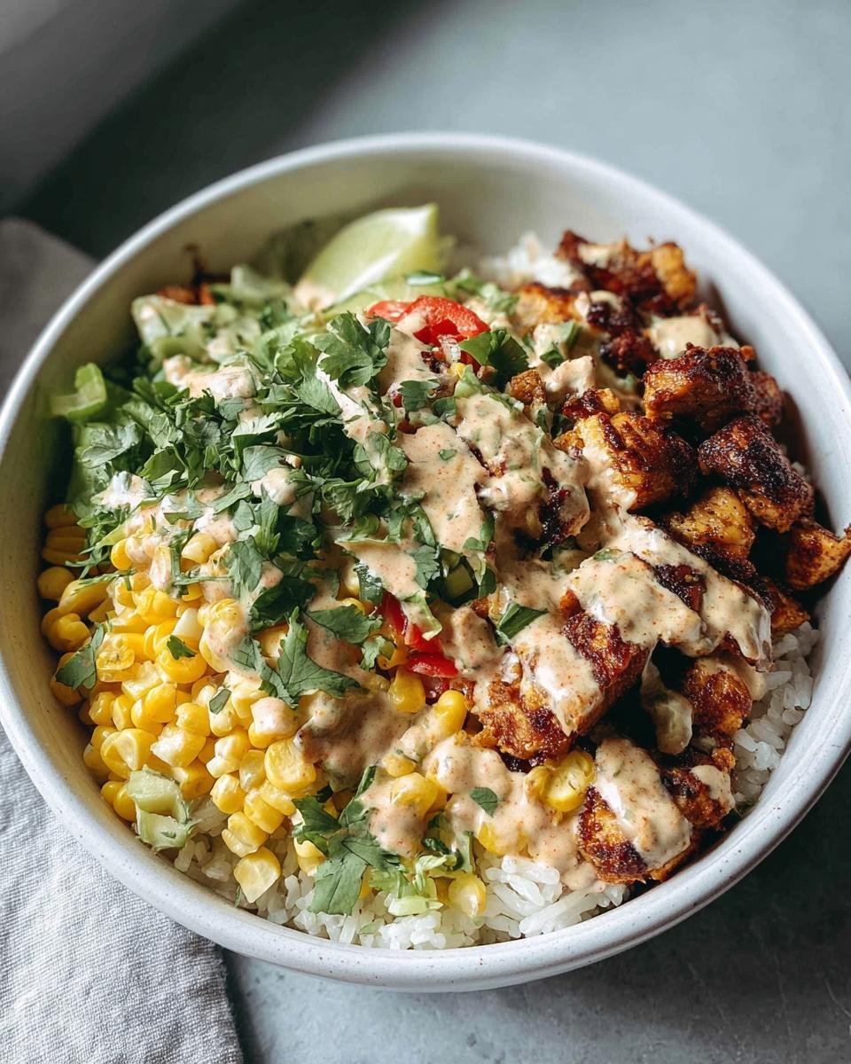 Close-up of an Easy Street Corn Chicken Rice Bowl with seasoned chicken, corn, rice, and creamy sauce.