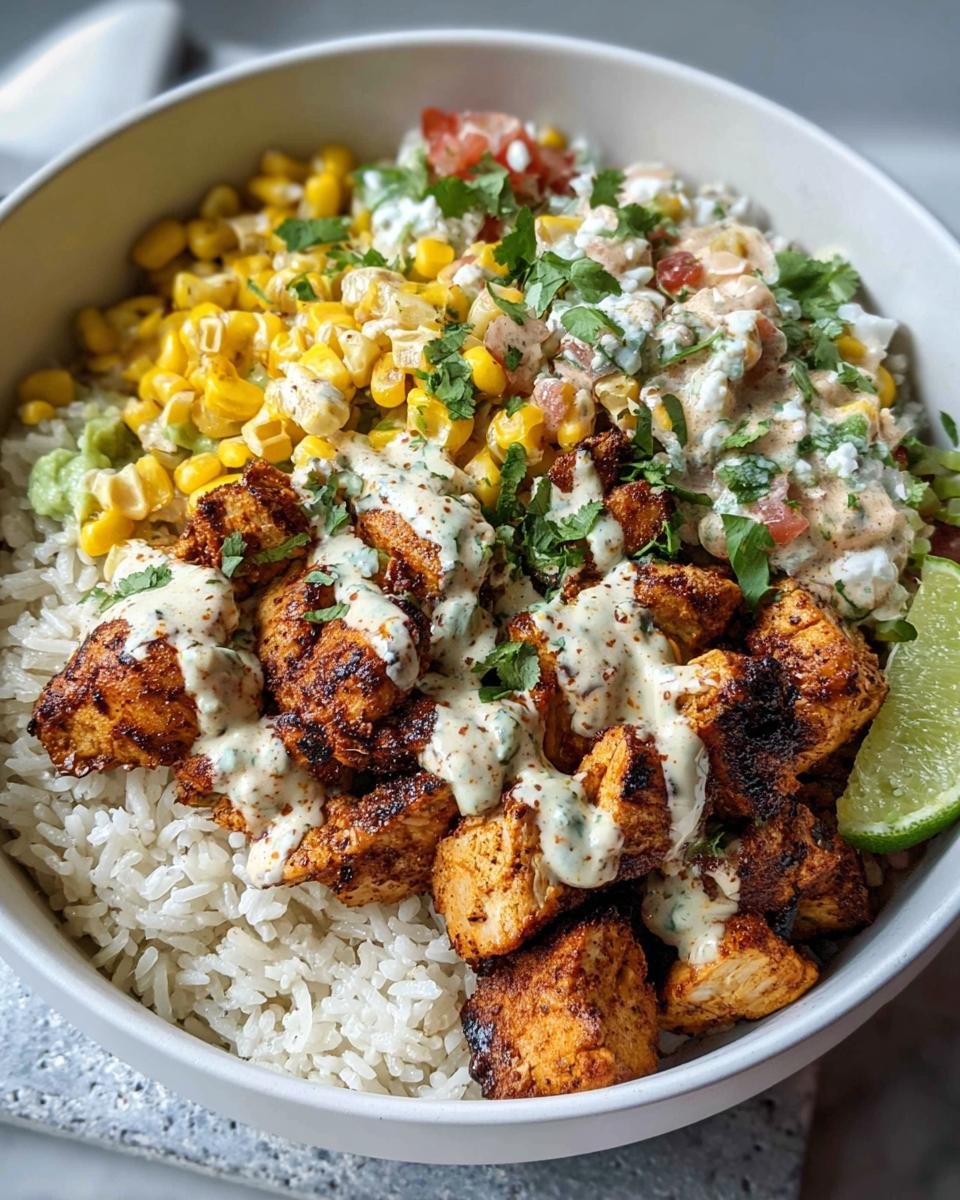 Close-up of an Easy Street Corn Chicken Rice Bowl with seasoned chicken, corn, and creamy sauce.