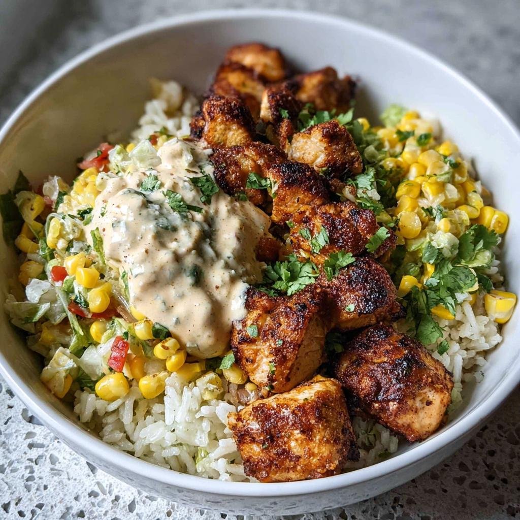 Close-up of an Easy Street Corn Chicken Rice Bowl Recipe featuring seasoned chicken, corn salsa, and a creamy sauce over rice.