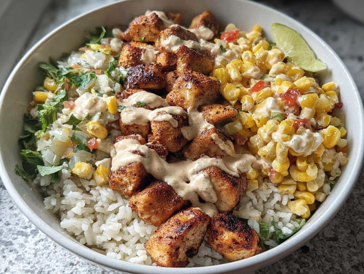 Close-up of an Easy Street Corn Chicken Rice Bowl with seasoned chicken, creamy corn salsa, and white rice.
