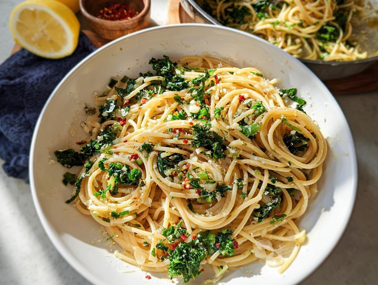 Close-up of a bowl of lemon garlic spaghetti with greens, perfect for easy weeknight dinners.