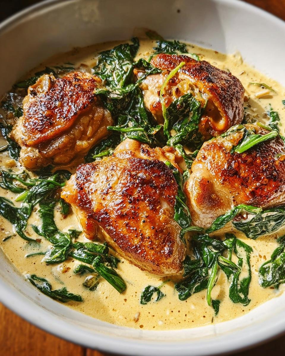 Four perfectly browned, Extra Crispy Chicken Thighs served in a rich, creamy sauce with wilted spinach.