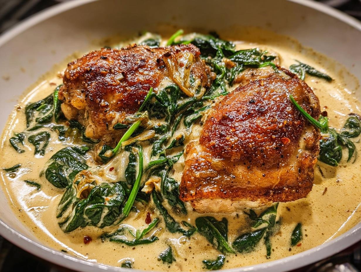 Two Extra Crispy Chicken Thighs served over wilted spinach in a rich, creamy sauce.
