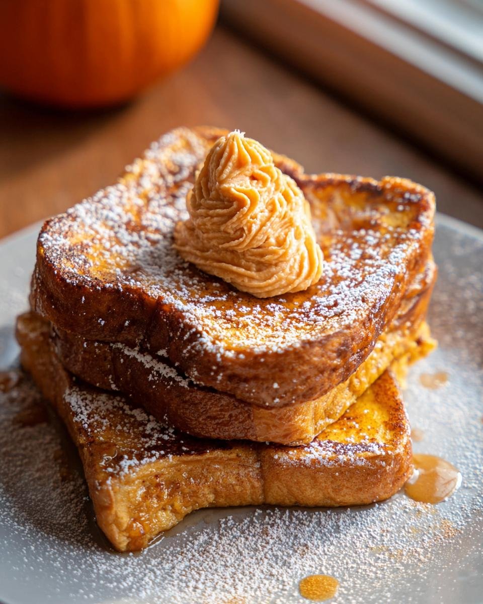 Close-up of a stack of Fall Pumpkin French Toast Breakfast Recipe slices topped with whipped pumpkin butter and powdered sugar.