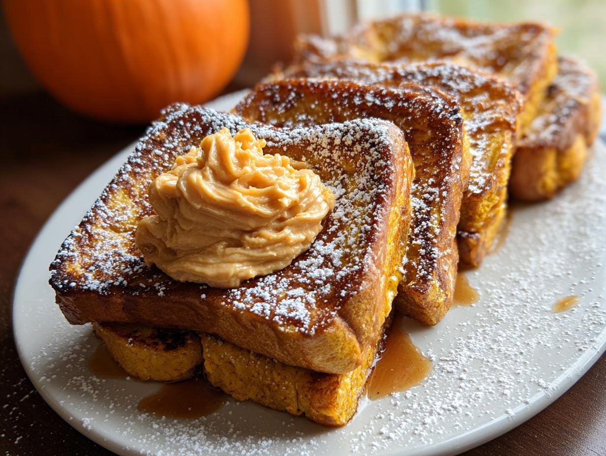 Stack of golden Fall Pumpkin French Toast slices topped with whipped topping and powdered sugar.
