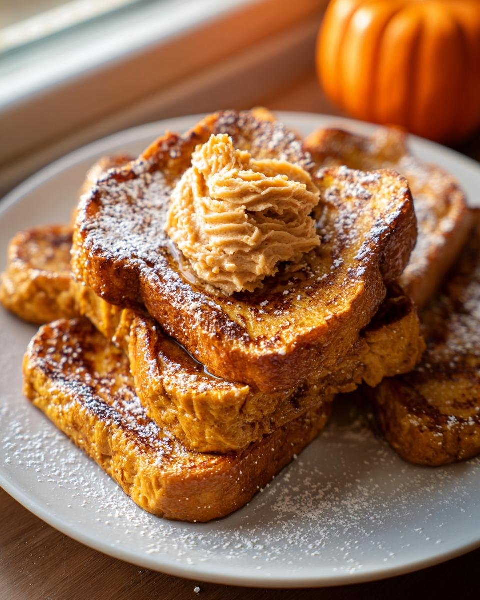 A stack of golden brown Fall Pumpkin French Toast slices dusted with powdered sugar and topped with whipped pumpkin butter.
