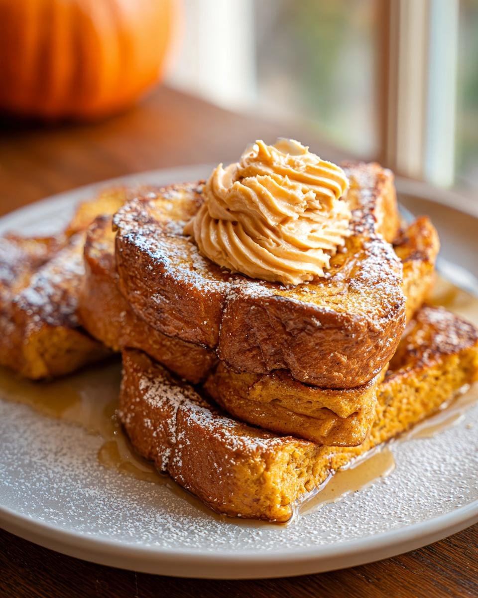 A stack of thick Fall Pumpkin French Toast slices dusted with powdered sugar and topped with whipped pumpkin butter.
