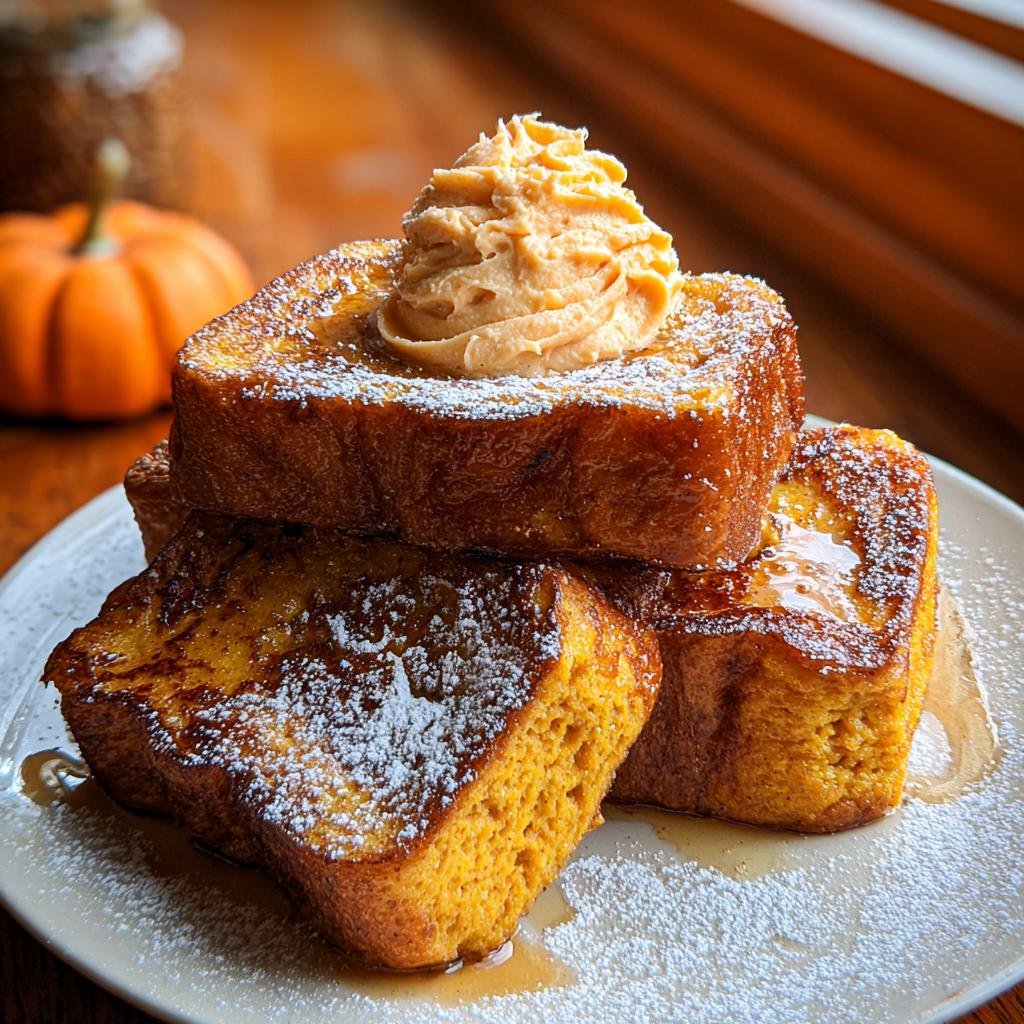 Close-up of a stack of thick Fall Pumpkin French Toast slices topped with spiced whipped cream and powdered sugar.