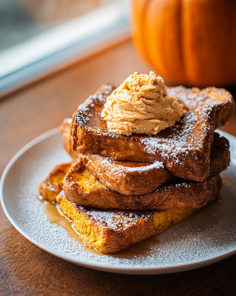 A tall stack of golden Fall Pumpkin French Toast topped with spiced cream and powdered sugar.