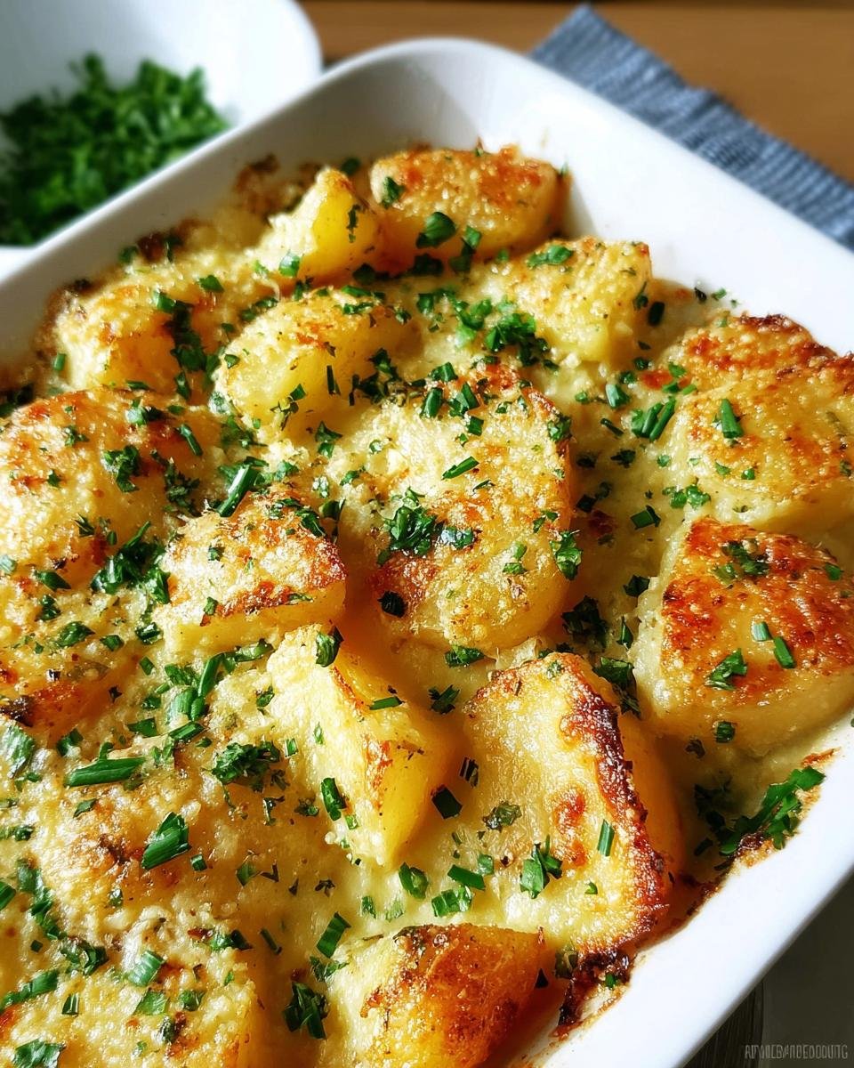 Close-up of a golden-brown French Onion Potato Bake topped with melted cheese and fresh chives.