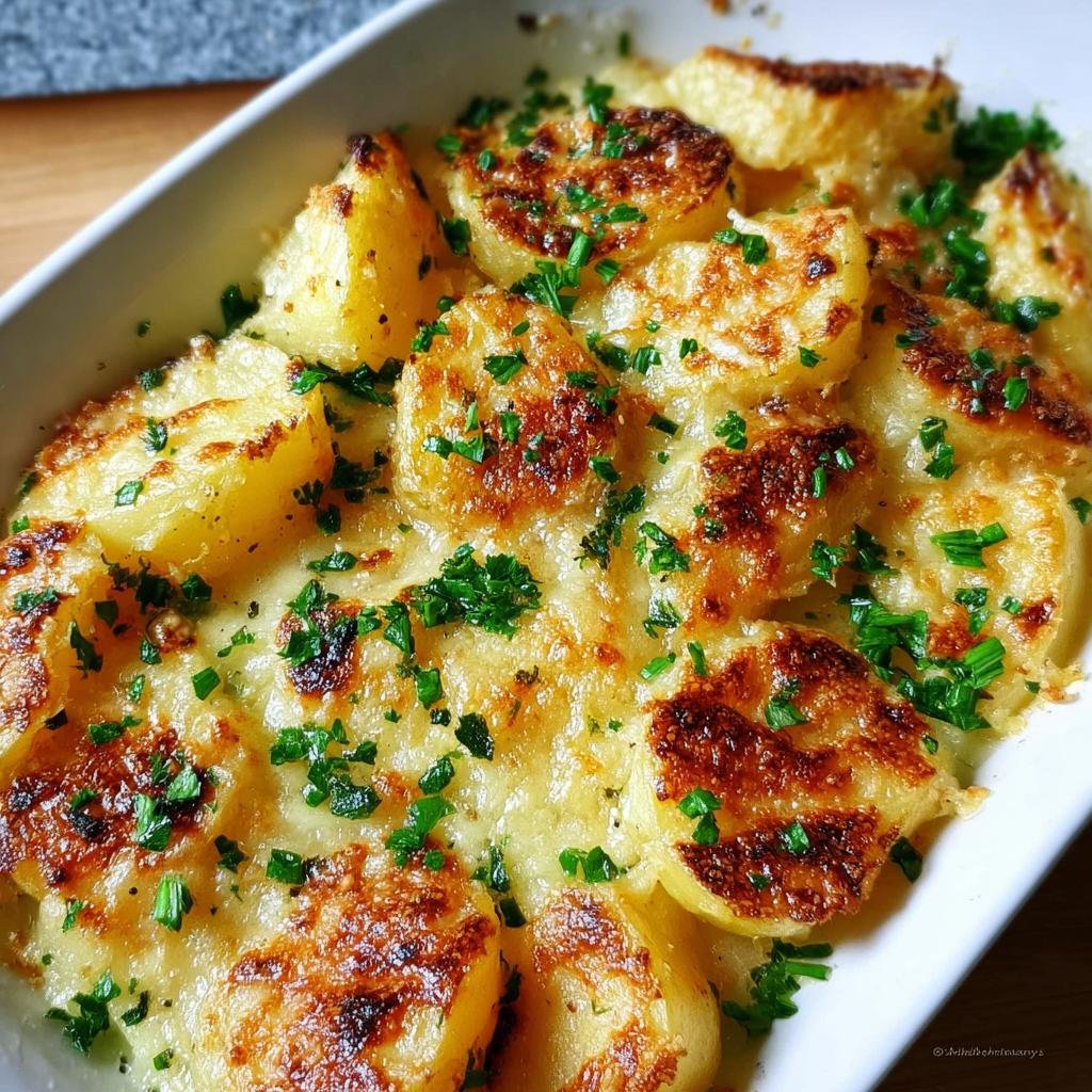 Close-up of a golden-brown French Onion Potato Bake topped with melted cheese and fresh chives.