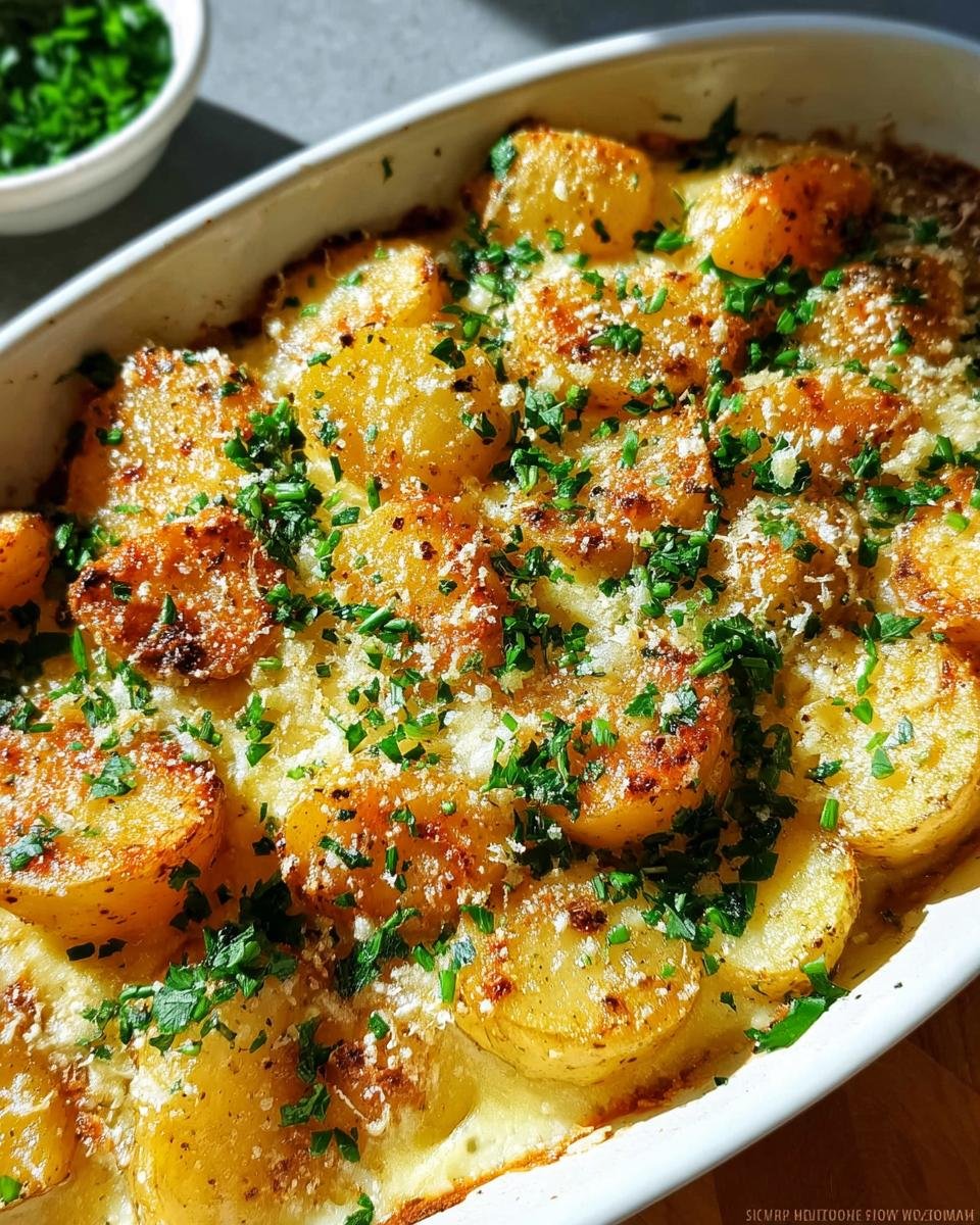 Close-up of a golden-brown French Onion Potato Bake, topped with melted cheese and fresh chopped parsley.
