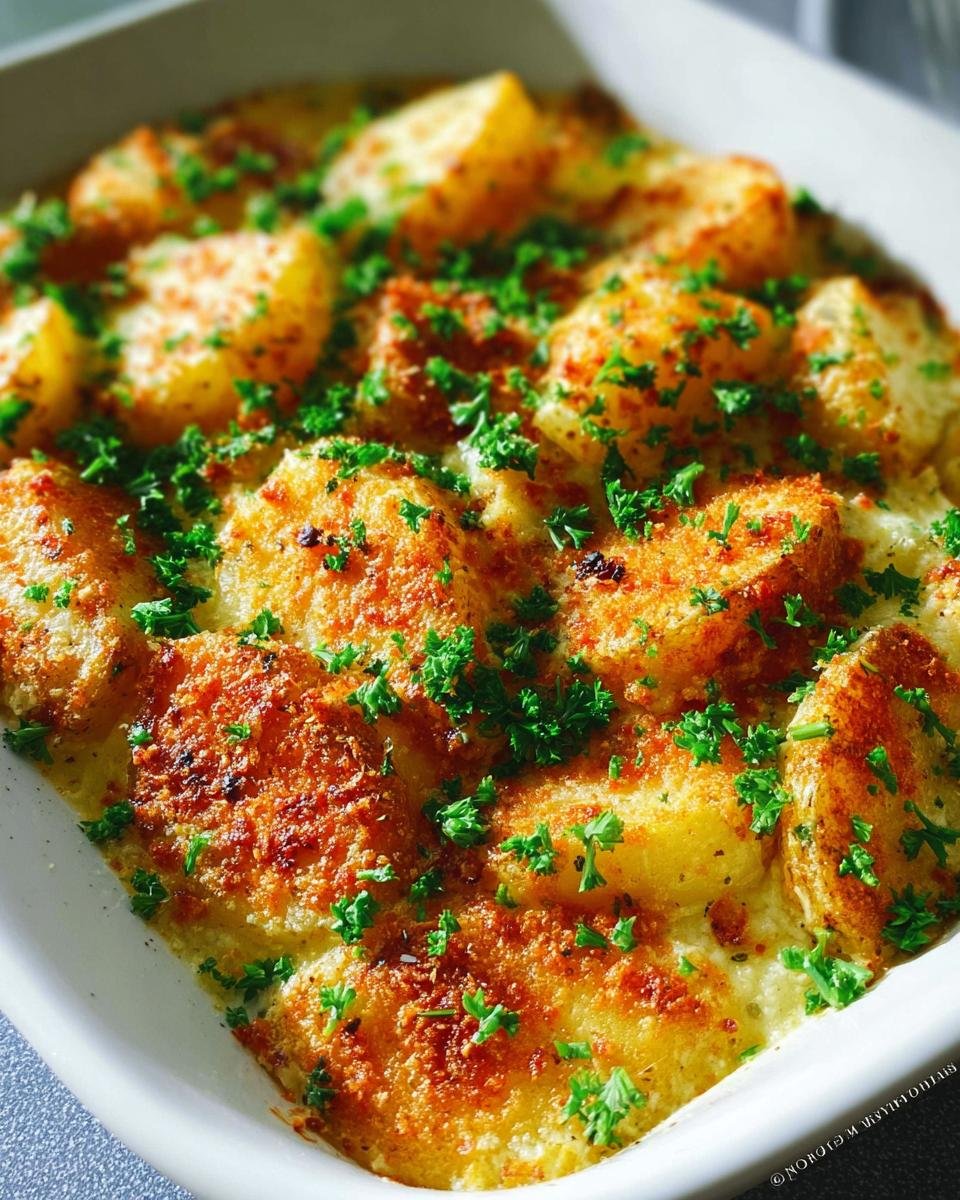 Close-up of a golden-brown French Onion Potato Bake topped with fresh parsley in a white dish.