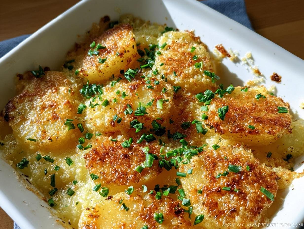 Close-up of a golden-brown French Onion Potato Bake topped with fresh green chives.