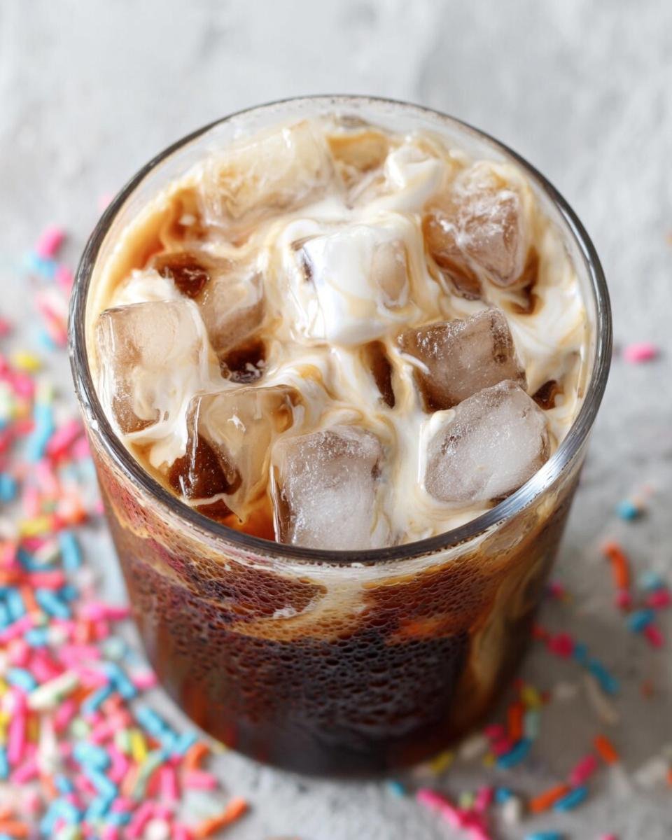 Close-up of a glass containing an iced coffee Starbucks order with cream swirling over ice cubes and colorful sprinkles scattered around.